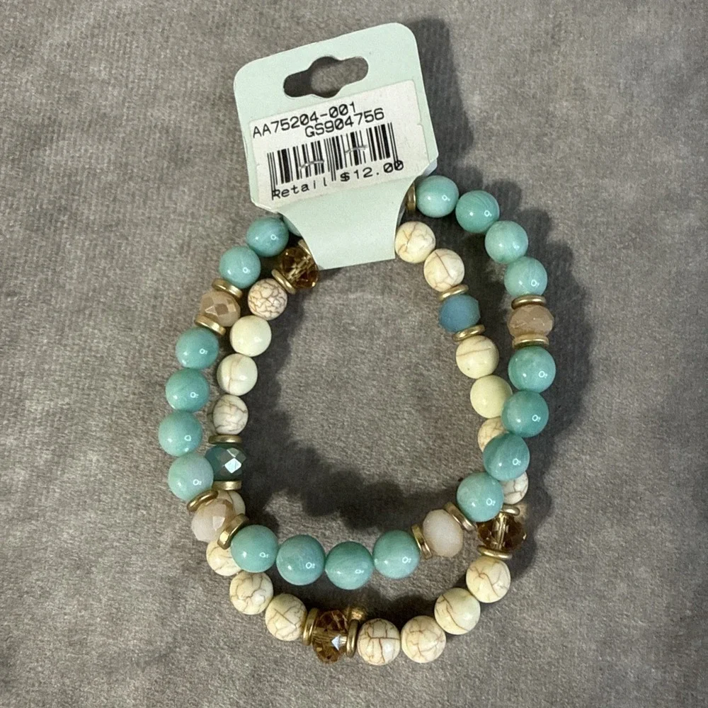 Tamina By Stella 2 Stretch Bracelet Faux Turquoise Gold Tone Marbled Beads